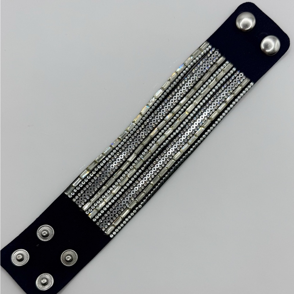 Blue Velvet Cuff Bracelet – Silver Beads & Rhinestone Crystal Embellishments - Picture 5 of 7